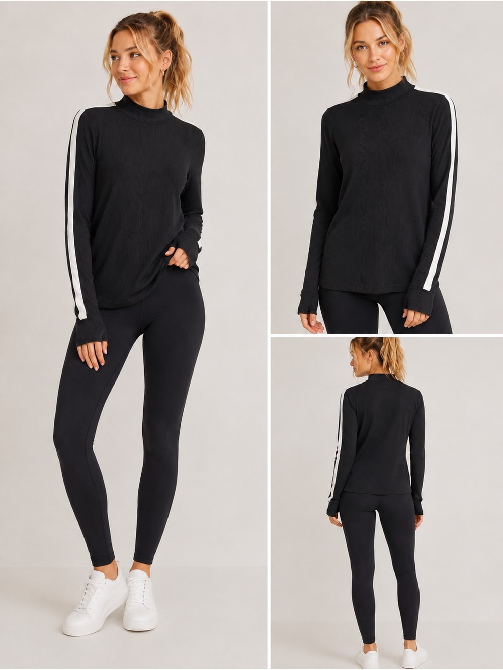 Athleta Black Mock Neck Long-Sleeve Top with White Sleeve Stripes